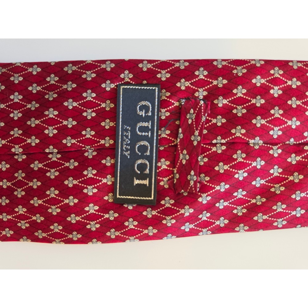 GUCCI 100% Silk Italy Preppy Old Money Maximalist Geometric Floral Red Tie - Picture 7 of 8